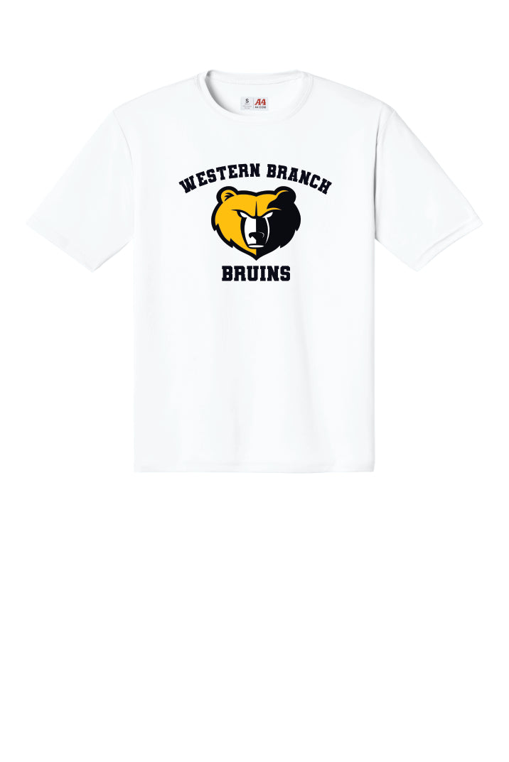 White performance t-shirt with 'Western Branch Bruins' with a bear logo on a white background