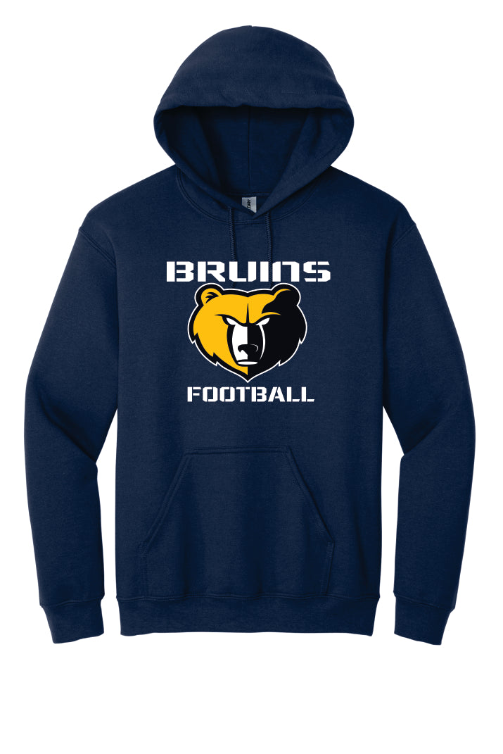 Navy blue hoodie with 'Bruins Football' logo on a navy blue background