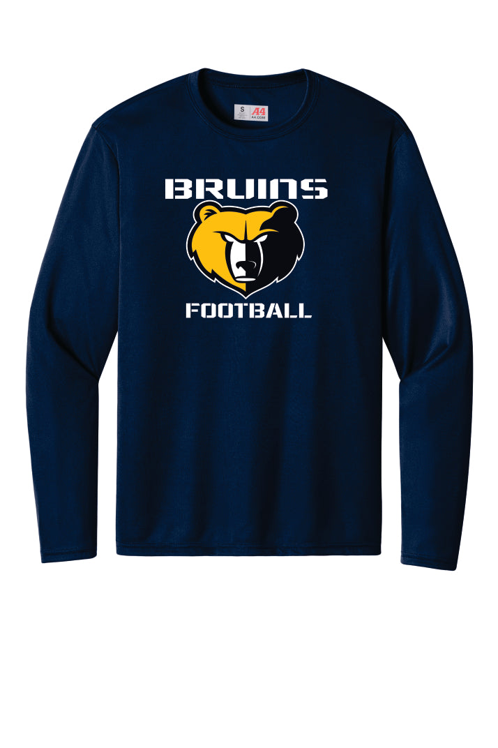 Navy Blue performance long sleeve T with Bruins Football logo on a navy blue background