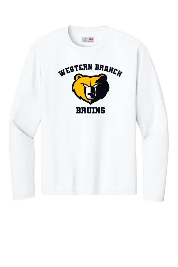 White performance  long-sleeve shirt with 'Western Branch Bruins' with a bear logo on a white background