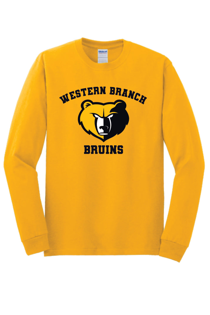 Gold long sleeve T-shirt with 'Western Branch Bruins' with a bear logo on a gold background
