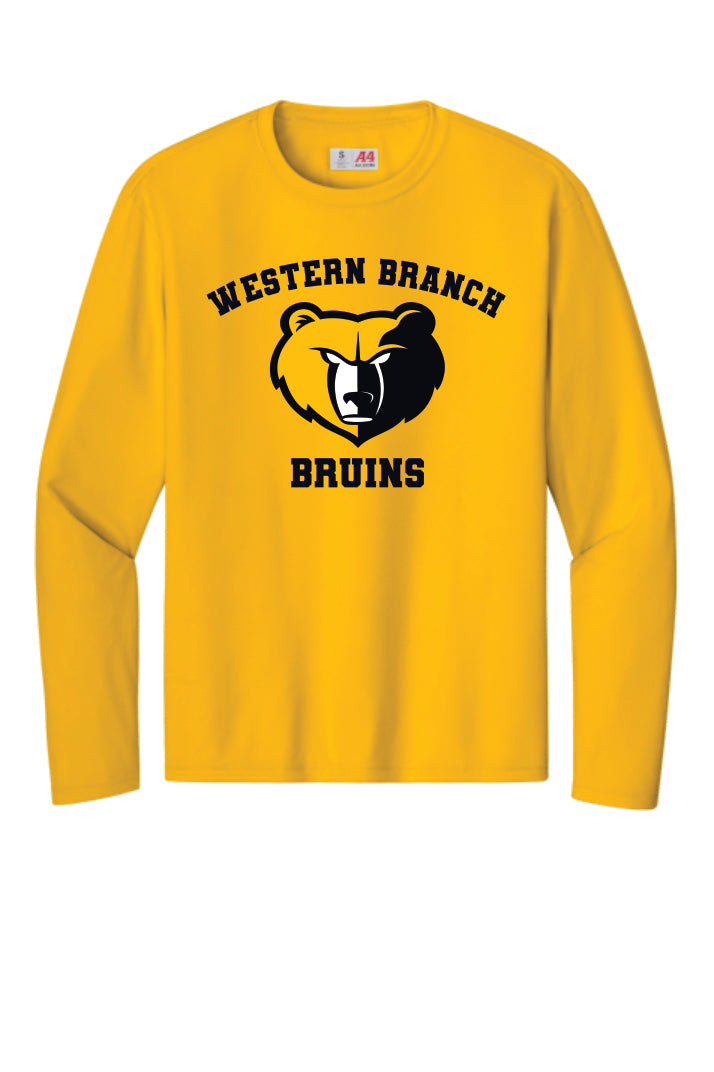 Gold performance  long-sleeve shirt with 'Western Branch Bruins' with a bear logo on a gold background