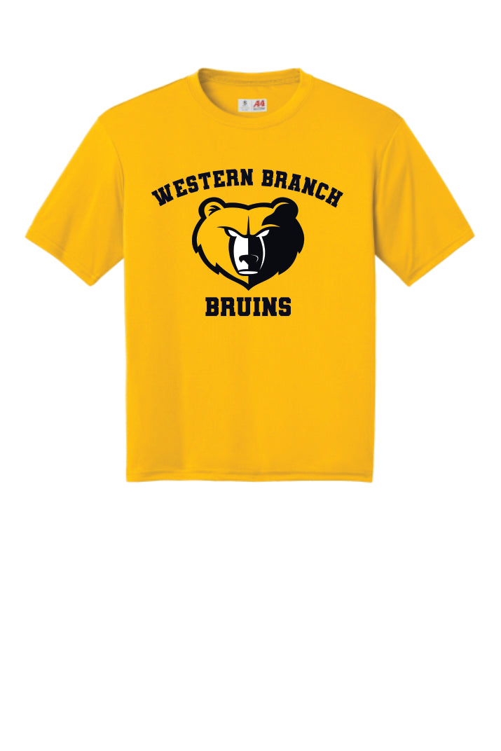 Gold performance t-shirt with 'Western Branch Bruins' with a bear logo on a gold background