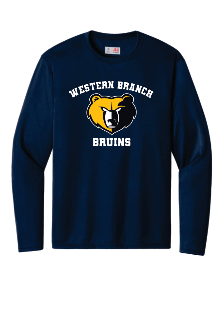 Navy blue  performance  long-sleeve shirt with 'Western Branch Bruins' with a bear logo on a navy blue  background