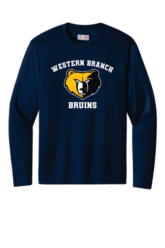 Navy blue  performance  long-sleeve shirt with 'Western Branch Bruins' with a bear logo on a navy blue  background