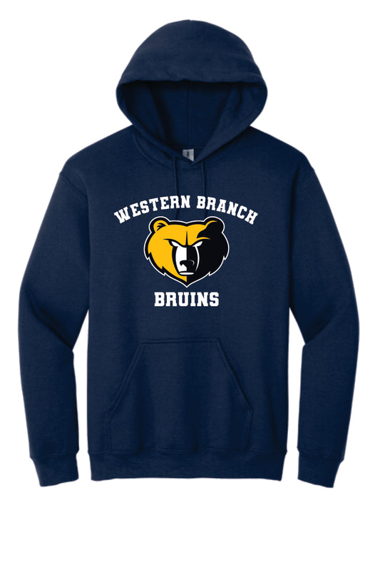 Navy blue hoodie with 'Western Branch Bruins' with a bear logo on a navy blue background