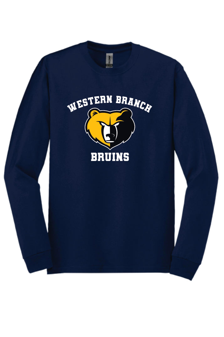 Navy blue long sleeve T-shirt with 'Western Branch Bruins' with a bear logo on a navy blue background