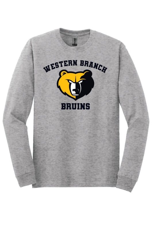 Grey long sleeve T-shirt with 'Western Branch Bruins' with a bear logo on a grey background