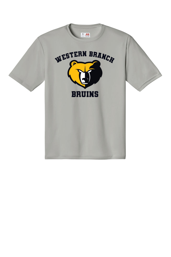 Grey performance t-shirt with 'Western Branch Bruins' with a bear logo on a grey background