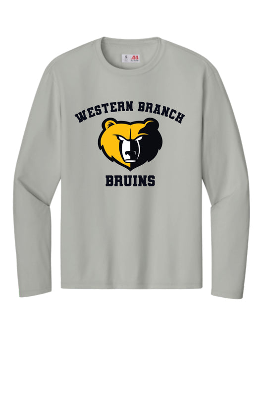 Grey performance  long-sleeve shirt with 'Western Branch Bruins' with a bear logo on a grey background