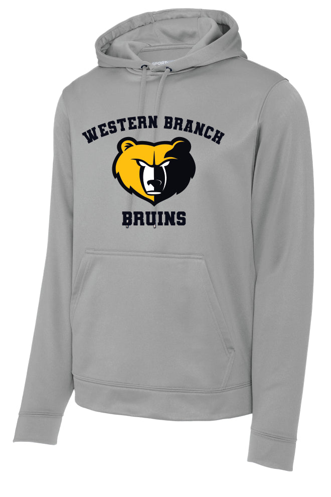 Grey performance hoodie with 'Western Branch Bruins' with a bear logo on a grey background