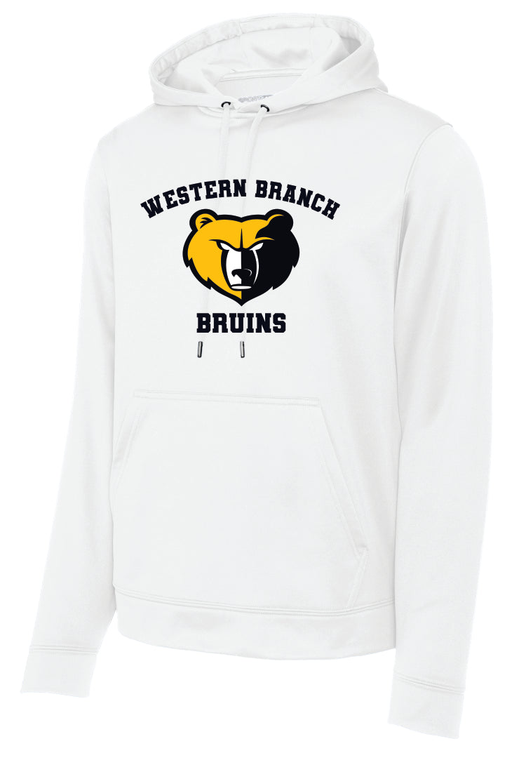 White performance hoodie with 'Western Branch Bruins' with a bear logo on a white background
