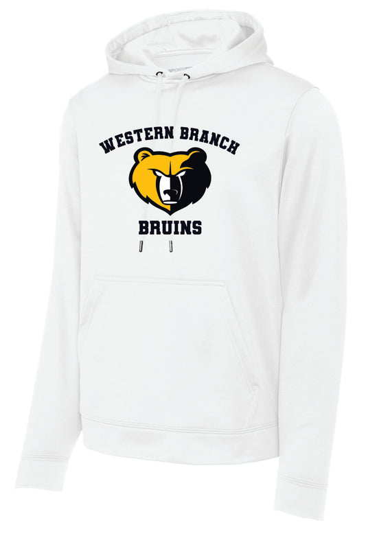 White performance hoodie with 'Western Branch Bruins' with a bear logo on a white background