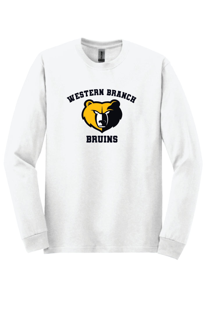 White long sleeve T-shirt with 'Western Branch Bruins' with a bear logo on a white background