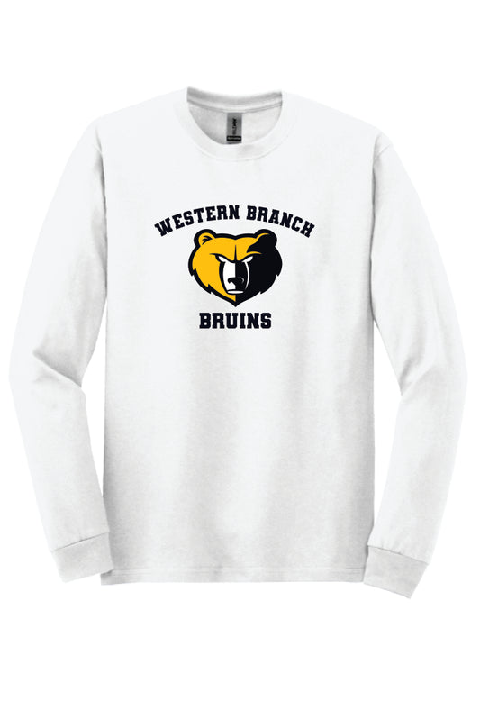 White long sleeve T-shirt with 'Western Branch Bruins' with a bear logo on a white background