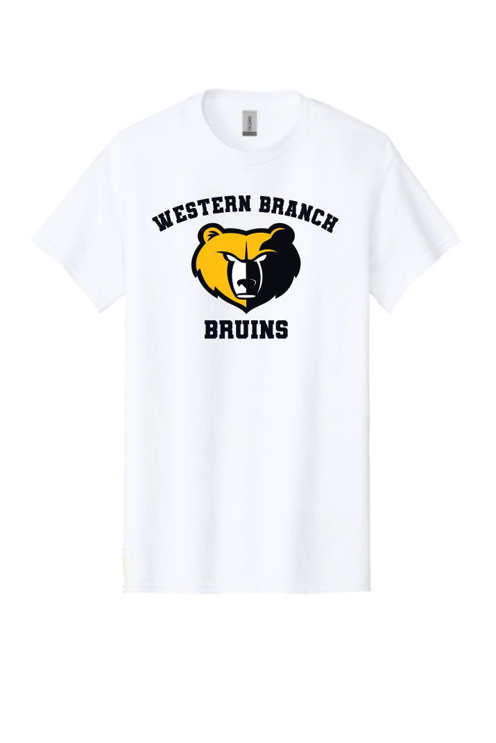 White t-shirt with 'Western Branch Bruins' with bear logo on a white background 